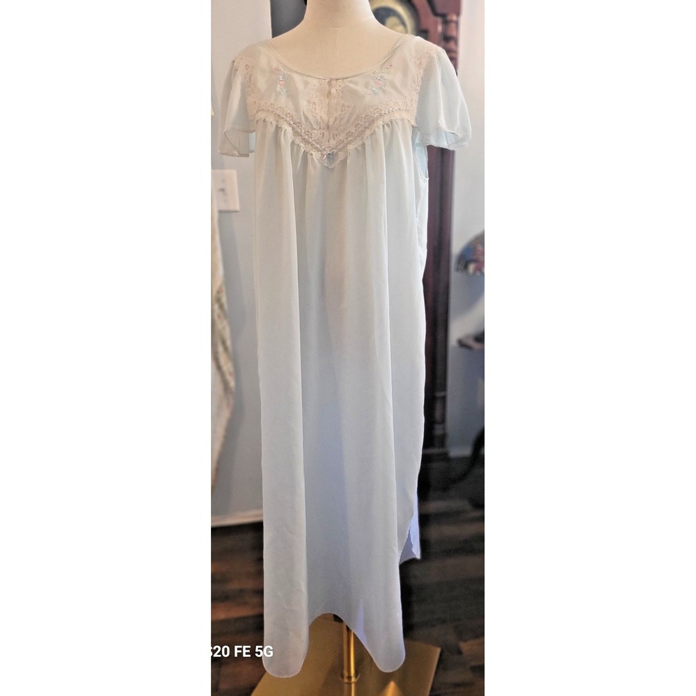 VTG Barbizon Delicate Coquette SZ M Cotton Womens Maxi Floral Blue Nightgown
